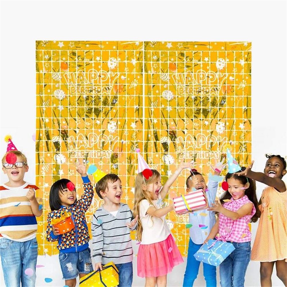 Gold Square Foil Curtains Happy Birthday Party Wall Background Backdrop Decoration