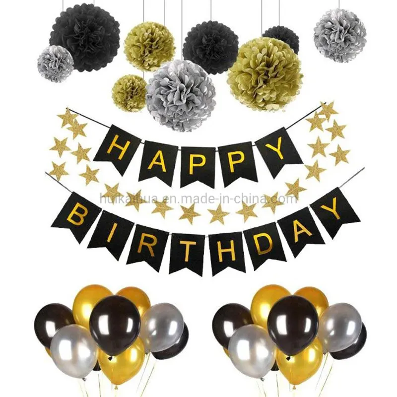 Boule de fleur en papier, ballon drapeau, lanterne en papier noir et doré, ensemble de décoration de fête, anniversaire
