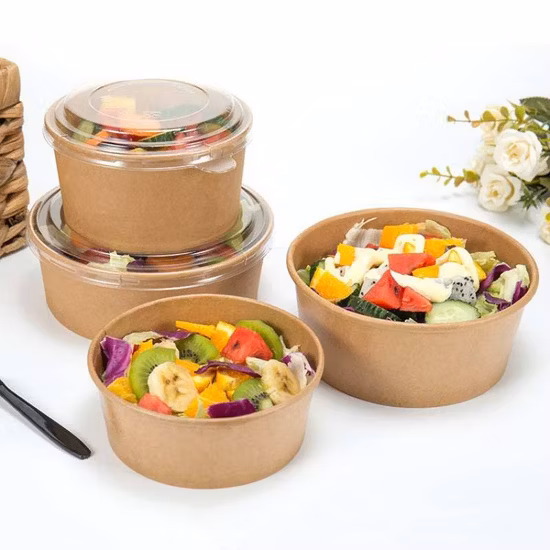 Bol de papier de salade de soupe Kraft peu profonde à emporter biodégradable jetable